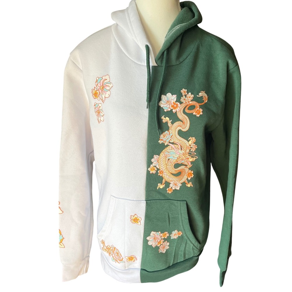 Rue21 Dragon Hoodie Women's Medium Green White‎ Pullover Graphic Kawaii